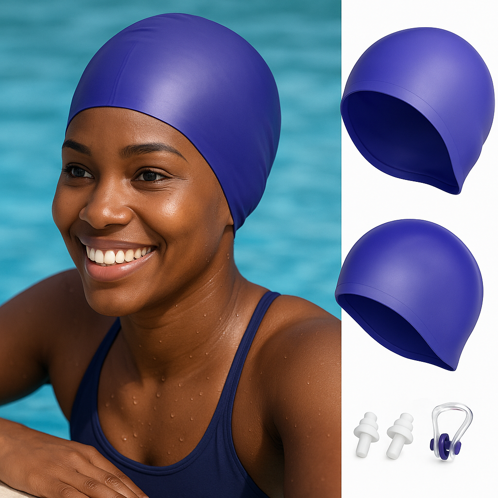 0021 Womens Silicone Swim Cap for Long Hair,3D Ergonomic Design Silicone Swimming Caps for Women Kids Men Adults Boys Girls with Ear Plug and Nose Clip - Image 1